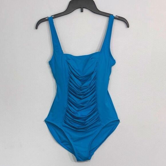CALVIN KLEIN | Shimmer Teal Blue Pleated One-Piece Swimsuit 6 - Picture 1 of 16